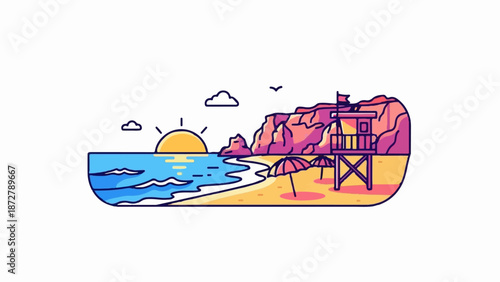 A stylized, minimalist beach scene with a rising sun over blue waves, sandy shore, and a lifeguard tower