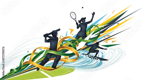 Dynamic Sports Silhouettes with Abstract Colorful Ribbons.