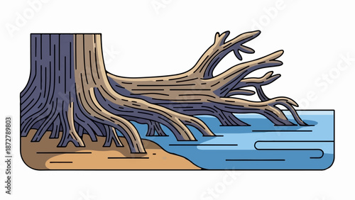 A stylized tree trunk and exposed roots extend over the edge of a sandy bank into blue water