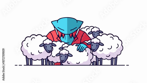 A stylized creature in a red coat stands amidst a flock of fluffy sheep