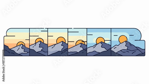 A stylized, minimalist representation of mountain ranges under a sunlit sky, with each section depicting a slightly different time of day