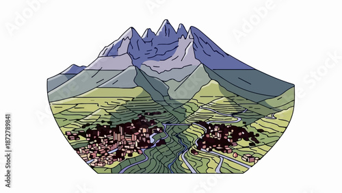 A stylized cross-section of a mountainous landscape featuring terraced fields and a village nestled beside a river