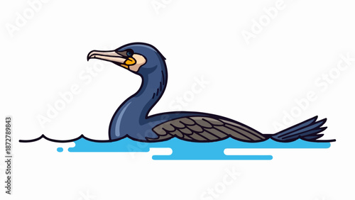 A stylized dark blue bird with a pointed beak swims in bright blue water