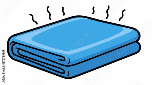 A simple blue towel is folded and steaming slightly