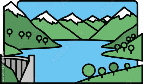 A stylized mountain lake landscape with a dam and scattered trees