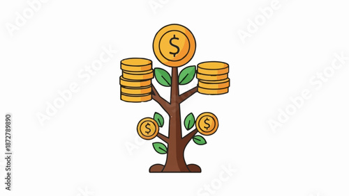 A stylized tree with stacks of gold coins as leaves and fruit