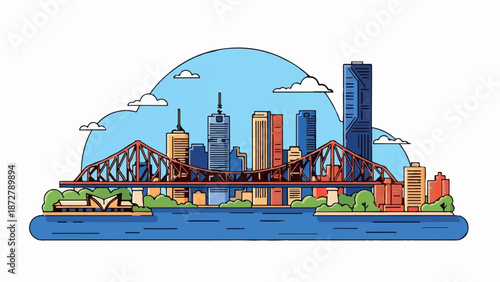 A vibrant cartoon cityscape featuring a large truss bridge spanning a river with diverse buildings and clouds