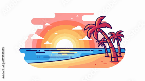 A stylized tropical beach scene at sunset with palm trees