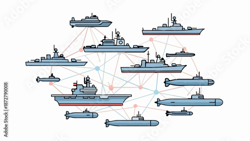 A stylized network of military vessels, including ships and submarines, connected by lines