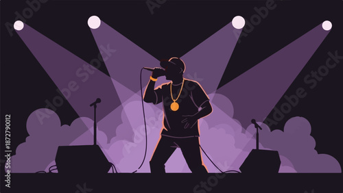 A silhouette of a rapper performing under stage lights with microphones