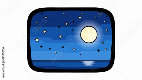 A stylized night scene with a full moon, stars, and a calm body of water under a starry sky