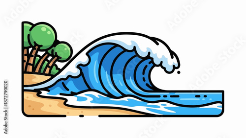 A stylized ocean wave crashes on a sandy beach next to palm trees