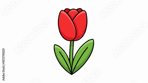 A vibrant cartoon illustration of a red tulip flower with green leaves and a stem on a white background