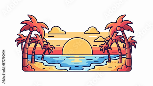 A vibrant cartoon illustration of a tropical beach sunset with palm trees, ocean, sand, and clouds