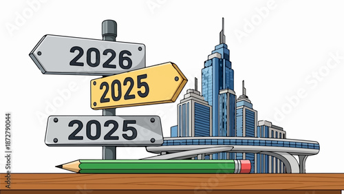 A signpost with years points towards a modern city skyline and a pencil