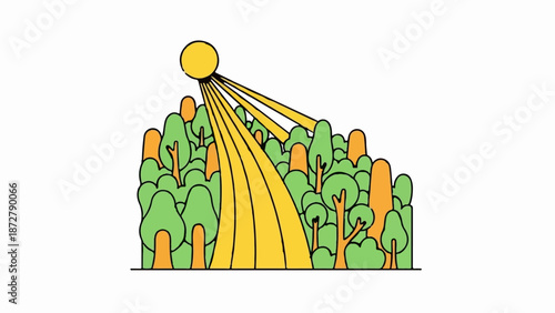 A stylized depiction of a sun radiating yellow beams onto a vibrant forest