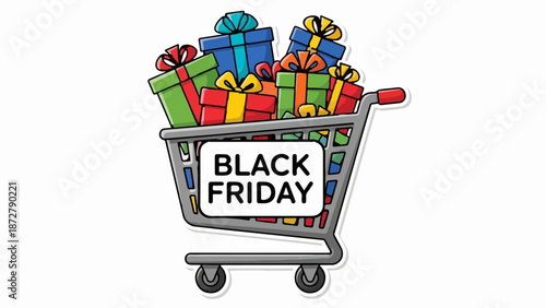 A shopping cart overflowing with colorful gift boxes on a white background