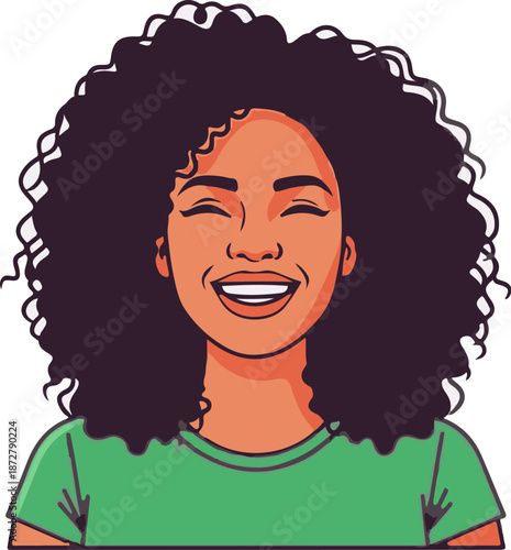 A vibrant cartoon portrait of a joyful woman with voluminous dark curly hair and a wide, open-mouthed smile