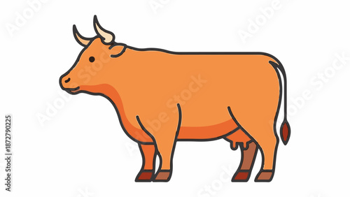 A stylized orange cow with horns and udders stands in profile on a white background