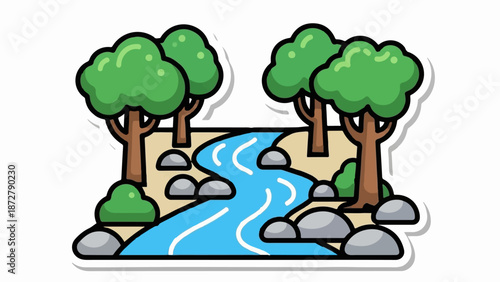 A stylized depiction of a tranquil forest scene with a winding blue river, lush green trees, and scattered rocks