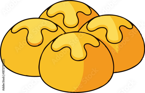 A simple, stylized illustration of four golden-yellow pastries topped with a creamy yellow glaze