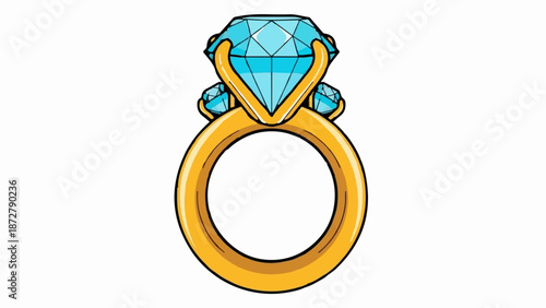 A vibrant cartoon ring featuring a large central faceted gemstone and two smaller side gems