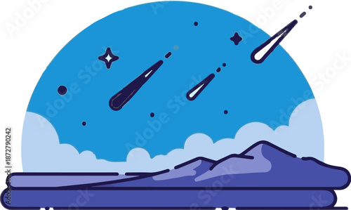 A stylized view of meteors streaking across a blue sky above purple mountains and clouds