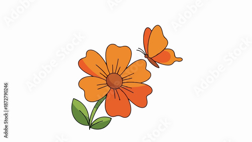 A stylized orange flower with green leaves and an orange butterfly