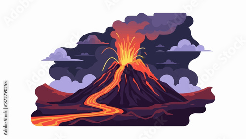 A stylized volcano erupts with lava flowing down its side under a stormy, cloudy sky