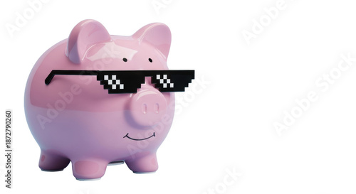 Pink ceramic piggy bank with classic design and glossy finish, wearing pixelated 'Thug Life' sunglasses, on plain light blue background with copy space, clean high-key studio shot, concept of cool