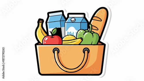 A vibrant cartoon shopping bag overflows with fresh groceries, including fruit, vegetables, and milk cartons