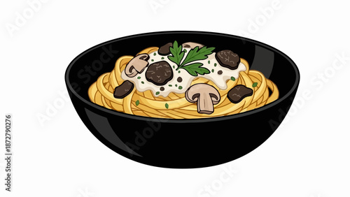 A stylized depiction of creamy mushroom pasta in a black bowl, garnished with parsley and black truffle pieces