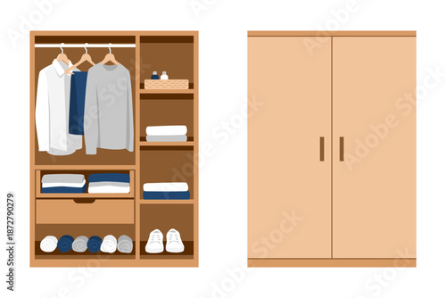 Open and Closed Wooden Wardrobe with Organized Clothing and Shoes