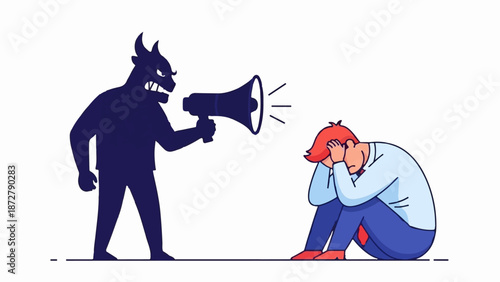 A shadowy demon shouts at a distressed individual