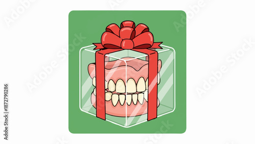 A set of dentures, presented as a gift, sits within a transparent box adorned with a red ribbon