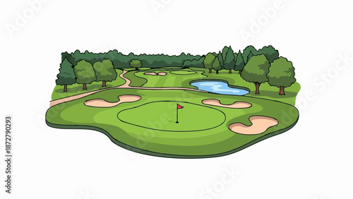 A vibrant, cartoonish golf course illustration featuring a green putting green with a red flag, sand traps, a pond, and a backdrop of trees