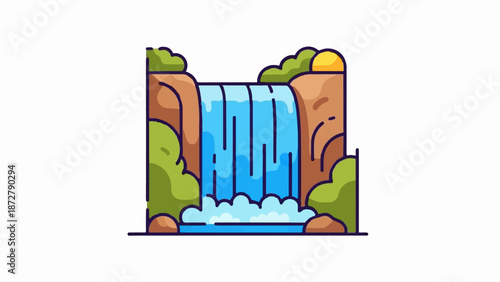 A stylized waterfall cascades down rocky cliffs into a pool, framed by lush green foliage and a golden sun