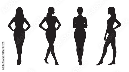 Silhouettes of four women posing in different stances against a white background