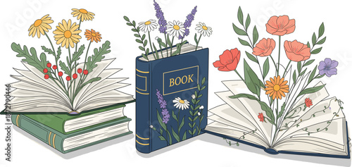Hand drawn vintage style vector illustration of wildflowers and daisies growing out of open books for literature education and spring nature concept.