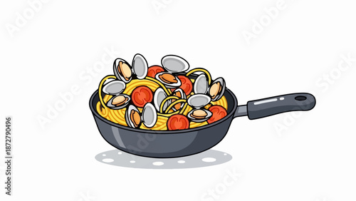 A stylized depiction of pasta with clams and tomatoes in a skillet