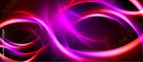 Abstract swirls, vibrant magenta, crimson hues dominate. Dynamic energy radiates from flowing lines, dark background contrasts bright forms.