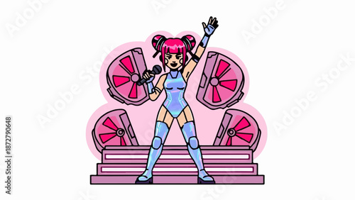 A stylized person with bright pink hair sings into a microphone on a stage