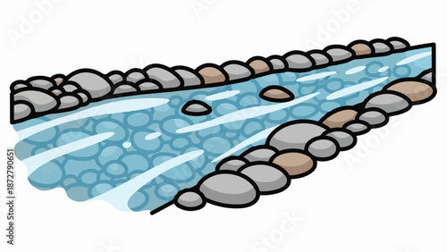 A simple, stylized illustration of a flowing river with a rocky bed and banks