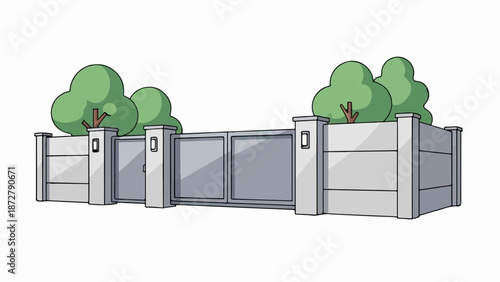 A stylized drawing of a closed gray gate flanked by stone pillars and topped with lush green bushes