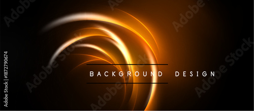 Abstract swirling light shapes create dynamic background. Warm orange hues dominate dark space. Text reads background design.