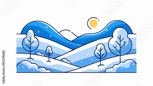 A stylized winter landscape with rolling blue hills, snow-covered ground, and bare trees under a yellow sun