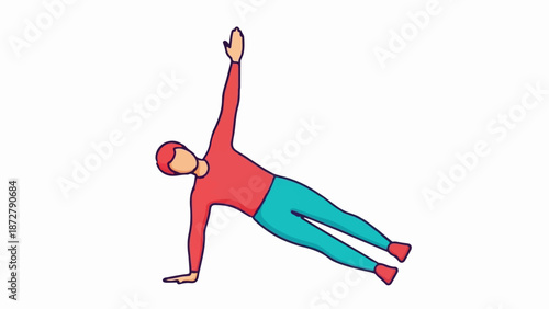 A stylized person in a red shirt and teal pants performs a side plank exercise, balancing on one hand