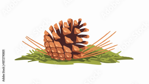 A stylized pine cone rests on green foliage with orange needles