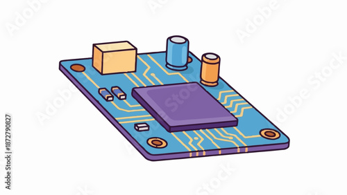 A stylized electronic circuit board with components