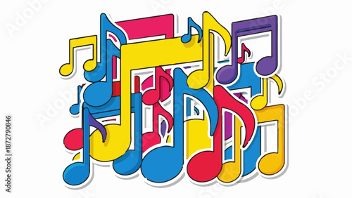 A vibrant, chaotic collage of colorful music notes with black outlines